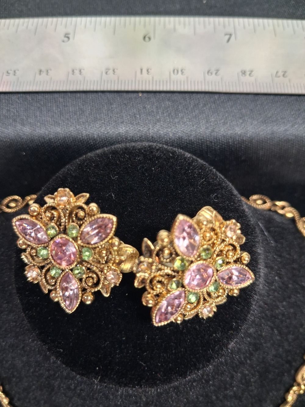 Gold-Tone Avon Floral Cluster Earrings w Pink & Green Stones w Matching Necklace